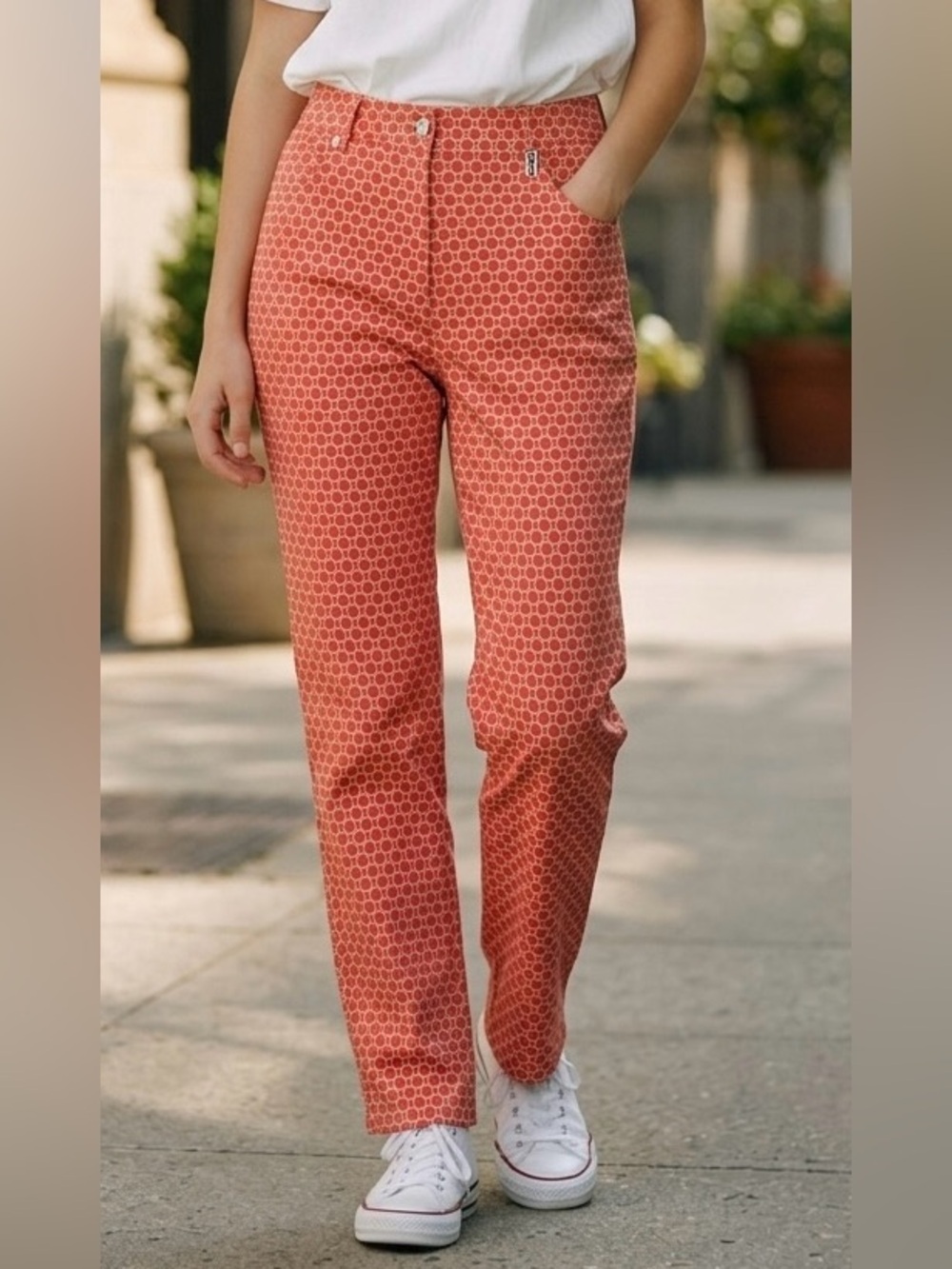 Lulu-B Coral colorful comfy clothing Circle-Print Ankle pull on Pants